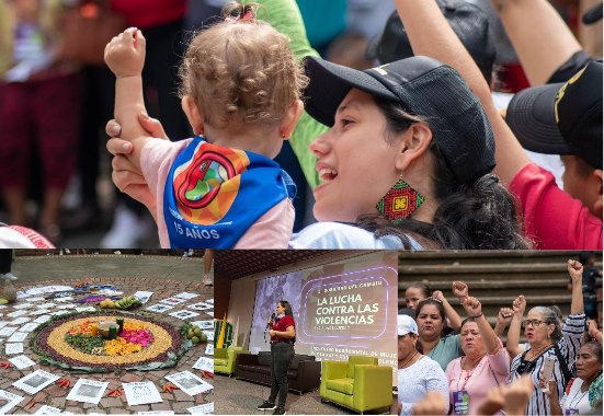 Cuadro conformado por varias imágenes. En la parte superior se encuentra una mujer cargando una niño o niña, en la parte inferior aparece en la parte izquierda una mandala de plantas, flores y semillas que está rodeada de fotografías de las mujeres asesinadas por feminicidio o por ser defensoras. En el centro se encuentra una mujer realizando una presentación, y en la parte derecha se encuentran varias mujeres empuñando el brazo hacia arriba.